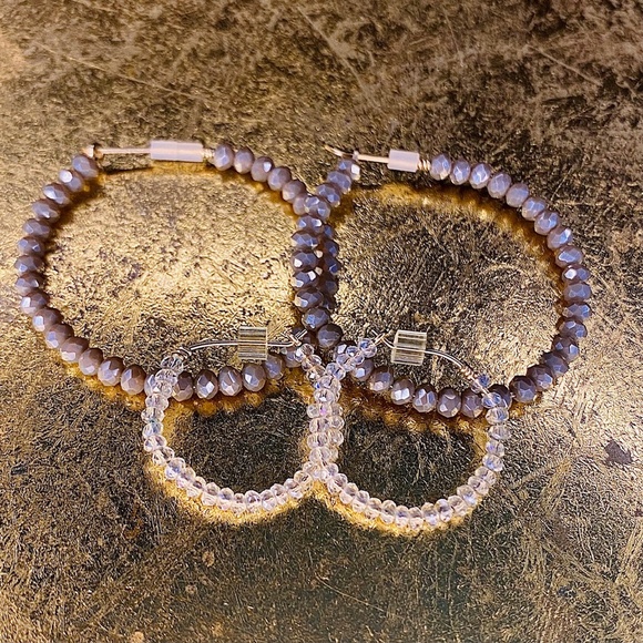Beaded Wire Hoop Set - Greige and Crystal coordinated hoops NWOT - Picture 6 of 6